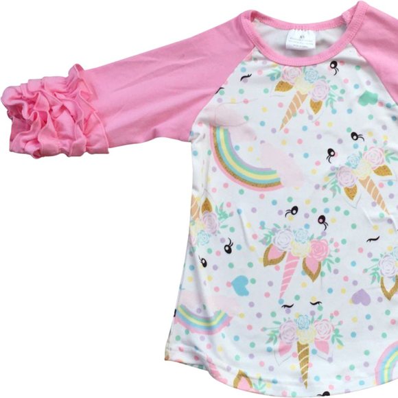 3 PCS Little Girls Kids Unicorn Polka Dot Rainbow Shirt Top Tee Tshirt Set New - Picture 3 of 8